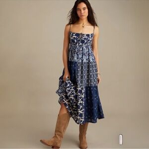 Lucky Brand Cotton Navy Patchwork Mix Midi Dress  Adjustable Straps Size S